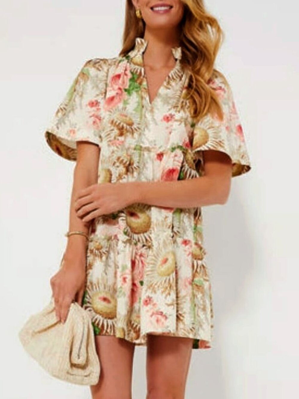 Tuckernuck Cream Floral Mini Dress with Pink and Green Accents